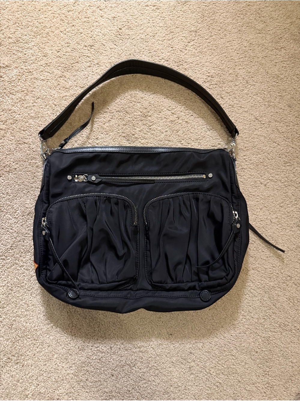 MZ Wallace Hayley Black Nylon Shoulder Bag with Front Zip back zip Pockets